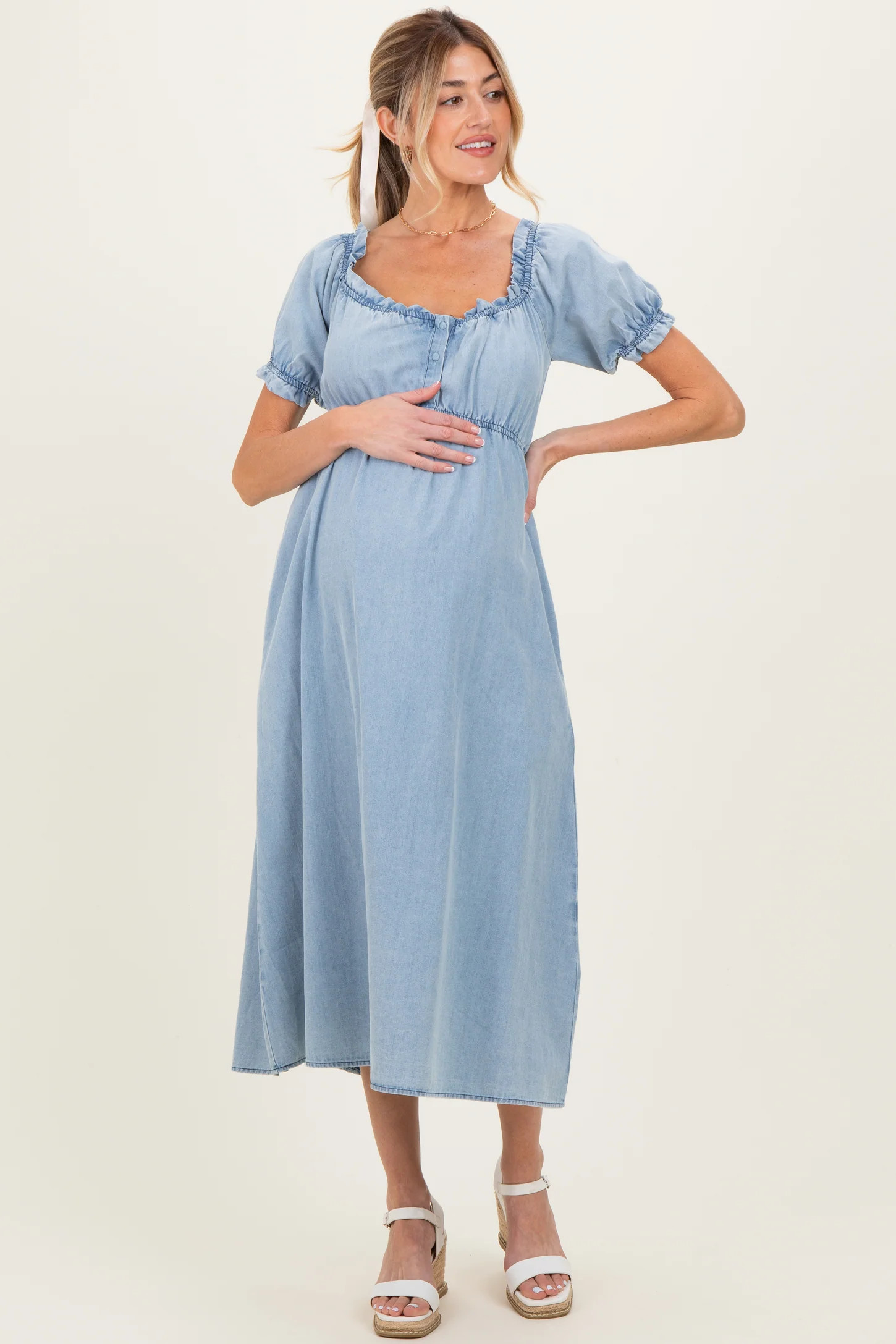Light Blue Chambray Ruffle Neckline Maternity Midi Dress | PinkBlush Maternity