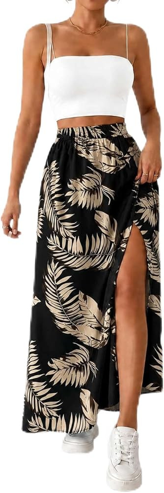 Women Boho Floral Maxi Skirt High Waisted Split Hem A Line Flowy Skirt Summer Outfits | Amazon (US)