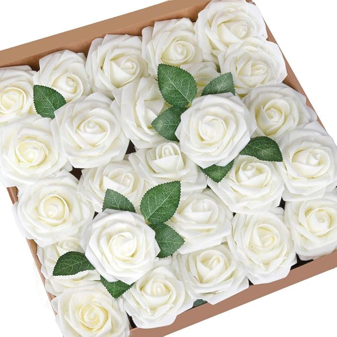 Mocoosy 50Pcs Artificial Flowers Rose, Ivory White Fake Roses for Decorations, Real Looking Foam ... | Amazon (US)