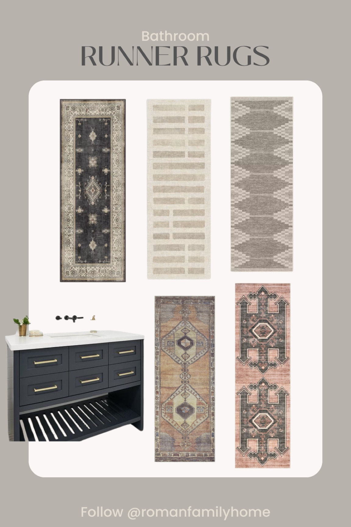 My choices for a bathroom runner to match iron ore cabinets
