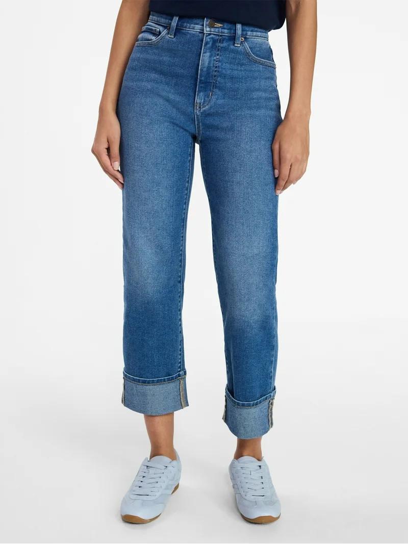 Time and Tru Women's High Rise Straight Leg Cuffed Jeans, 26.5" Inseam, Sizes 0-20 | Walmart (US)