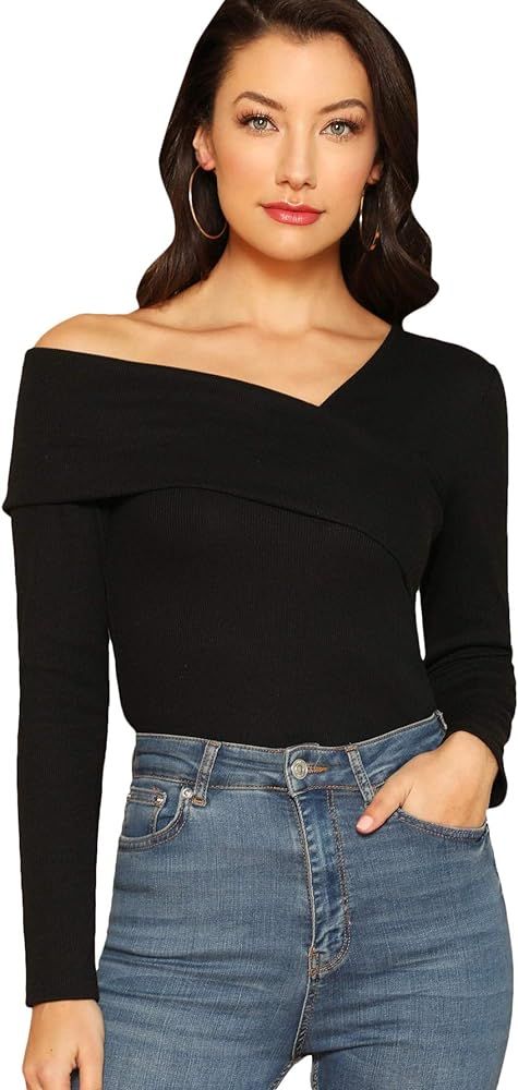 Romwe Women's Casual Cross Off Shoulder Deep V Neck Ribbed Knit Slim Wrap Tee Shirt Blouse | Amazon (US)