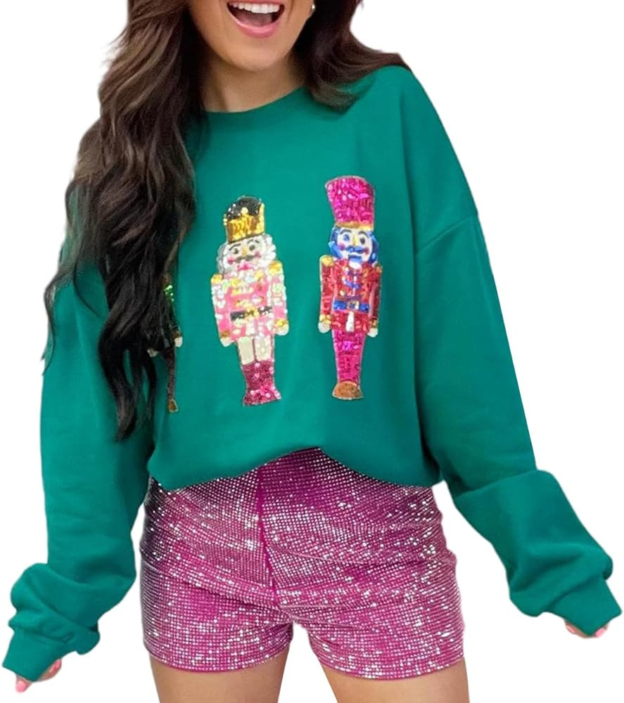 Women Cute Glitter Holiday Letter Sweaters Sparkle Sequin Long Sleeve Tops Casual Round Neck Pull... | Amazon (US)