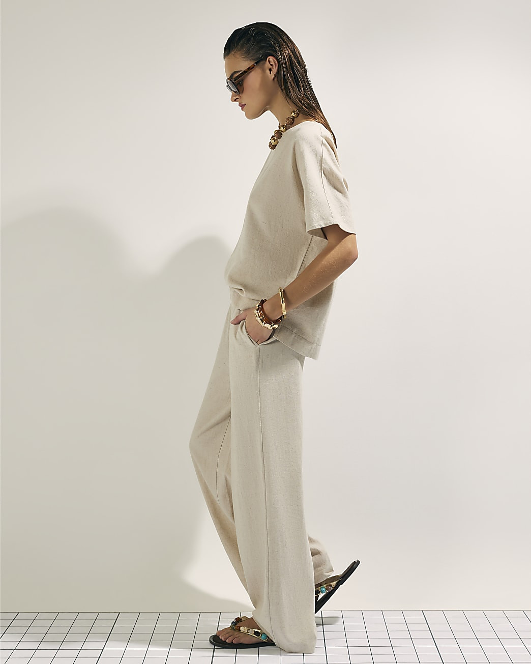 Beige Linen Blend Wide Leg Trousers | River Island UK & IE