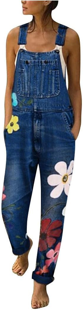 CCatyam Women's Denim Bib Overalls Jumpsuits Floral Print Strap Rompers Bib Pants | Amazon (US)