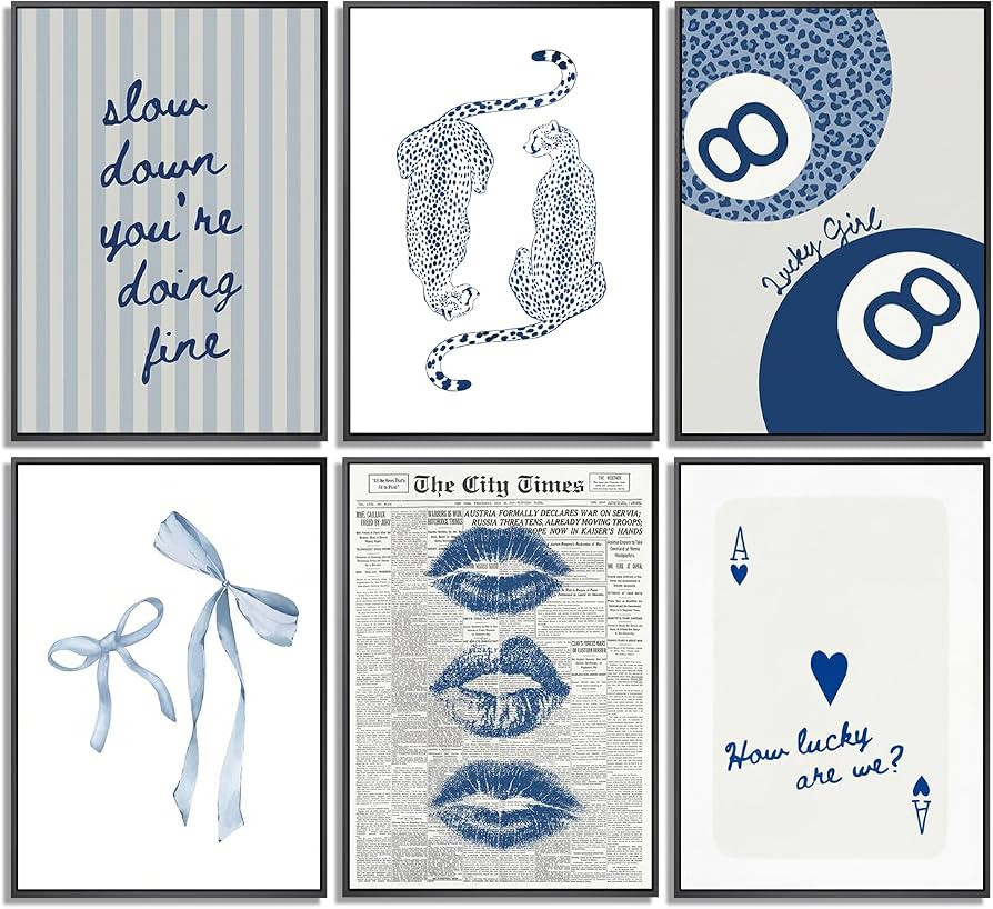 6Pcs Trendy Navy Blue Leopard Wall Art Preppy Kiss Lips Bow Paintings Pictures Coquette Funky Che... | Amazon (US)