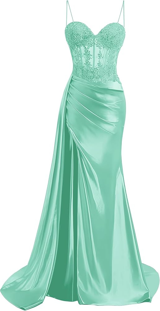 Satin Prom Dresses for Women Lace Appliques Pleated Spaghetti Straps Formal Evening Party Gown with Slit | Amazon (US)