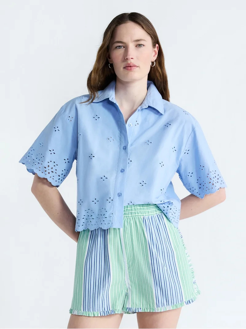 Free Assembly Women's and Women's Plus Cropped Cotton Eyelet Shirt, Sizes XS-4X | Walmart (US)