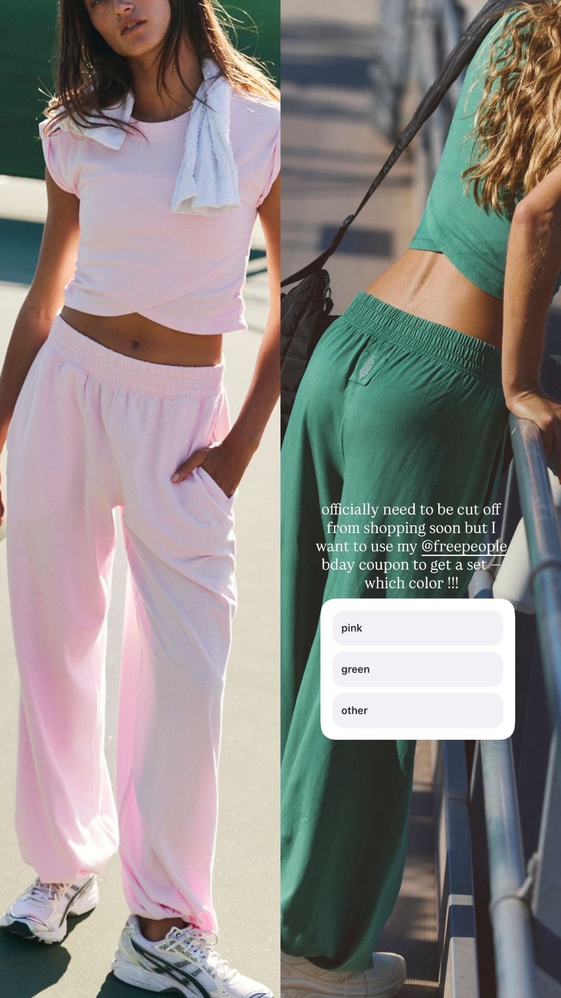 officially need to be cut off from shopping soon but I want to use my @freepeople bday coupon to get a set — which color !!!