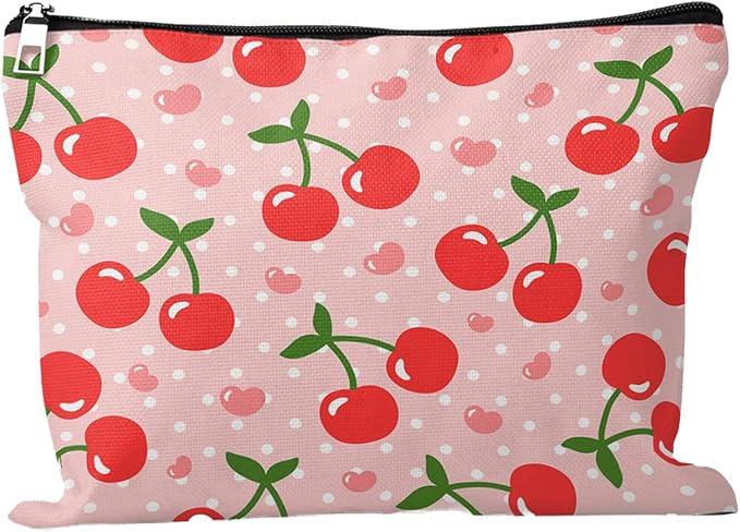 Cafl Cherry Makeup Bag Cherry Pink Zipper Cosmetic Pouch Large Toiltry Bag Travel Linen Make Up O... | Amazon (US)