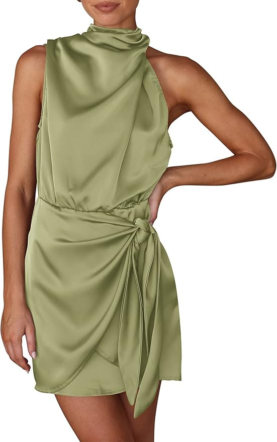 PRETTYGARDEN Women's Short Formal Satin Dress Summer Sleeveless Mock Neck Tie Waist Cocktail Part... | Amazon (US)