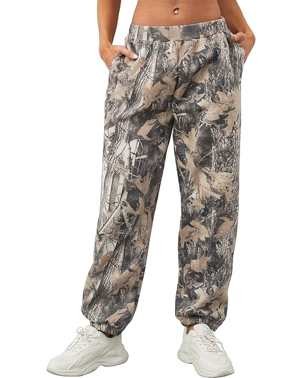 Women Camo Pants Baggy Fleece Elastic High Waisted Sweatpants Active Workout Jogger Pant Lounge C... | Amazon (US)