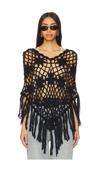 Ruffle Flower Knitted Poncho in Black | Revolve Clothing (Global)