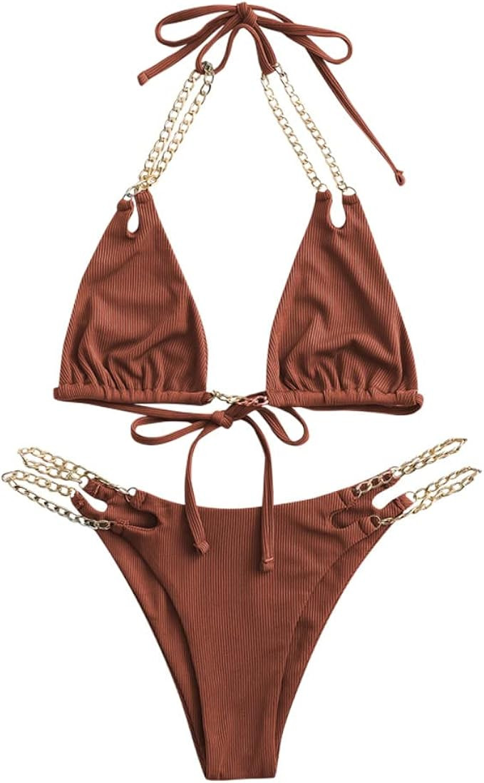 ZAFUL Women Halter Bikini Set, Ribbed O Ring String Cheeky Bikini Swimwear Tie Side Triangle Swimsui | Amazon (US)