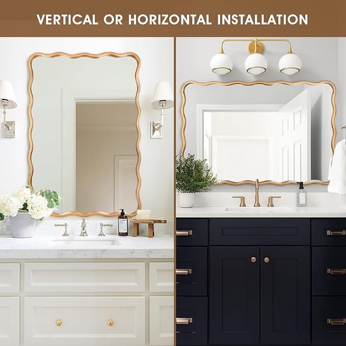 24 * 36 Inch Gold Ripple Rectangle Bathroom Mirror Wall Mounted Large Modern Countryside Suitable... | Amazon (US)