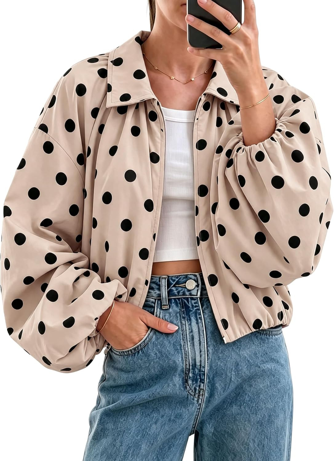 Women Polka Dot Jacket Puffed Sleeve Bomber Jacket Lapel Collar Zip Up Cropped Loose Fall Spring Pleated Coat | Amazon (US)