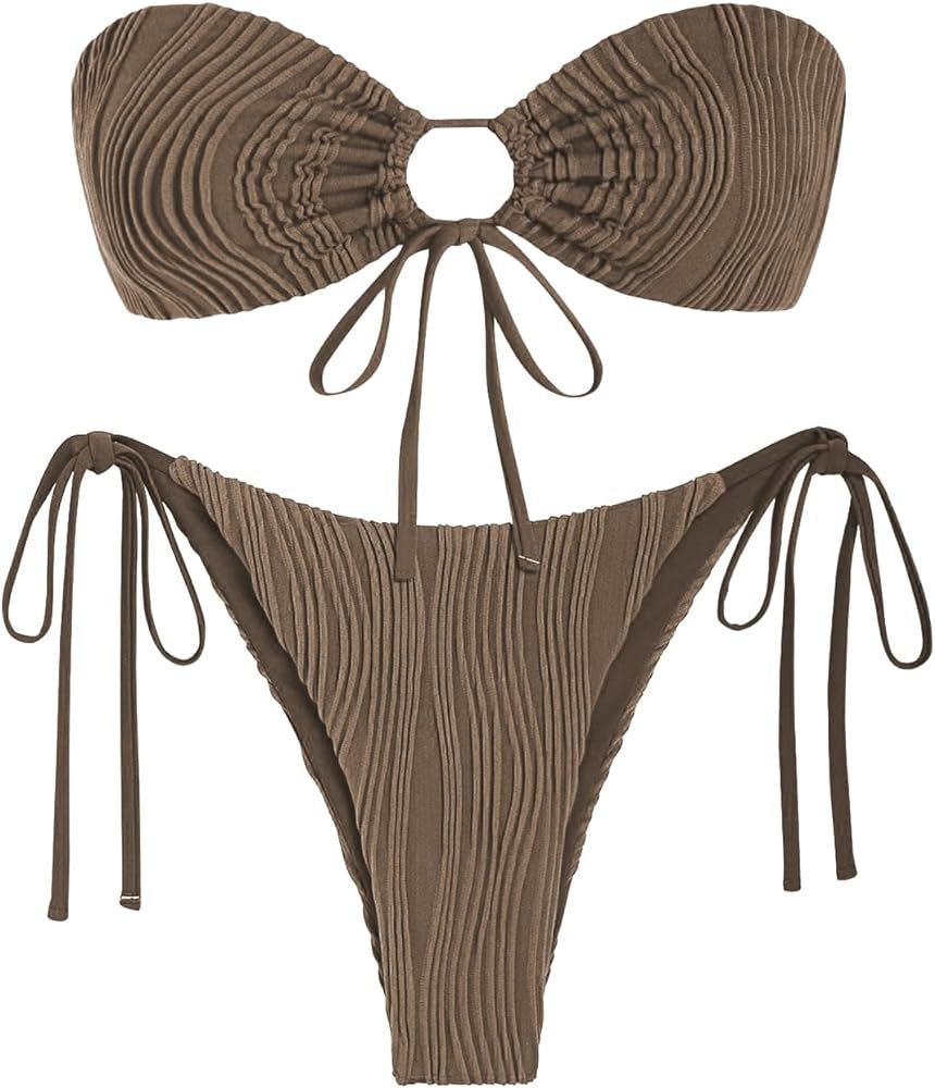 ZAFUL Women's Bandeau Bikini Set O Ring Strapless Swimsuit Tie Side Swimwear Halter Two Piece Bat... | Amazon (US)