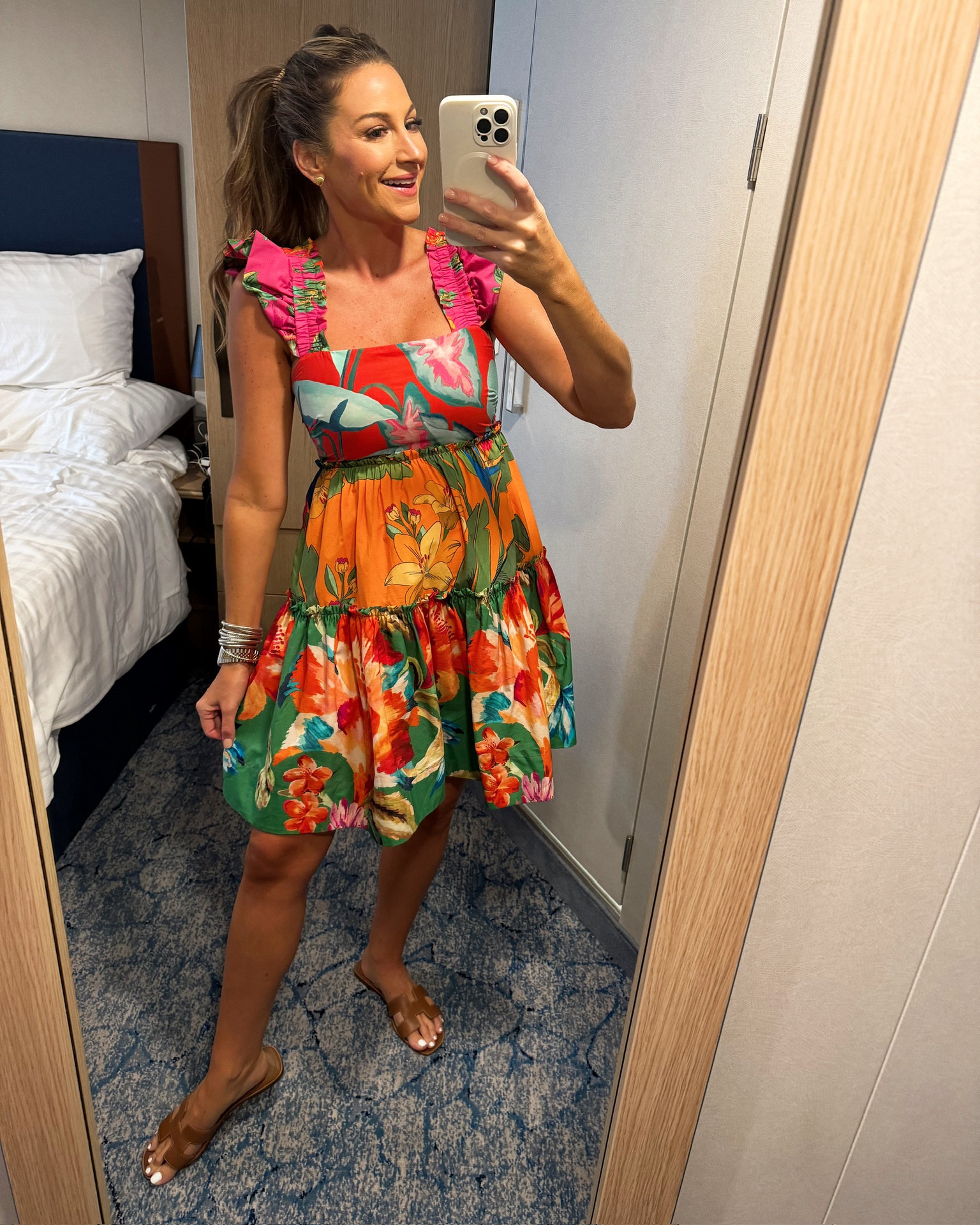 In a medium Farm Rio smocked top mini dress, sandals and accessories- all fits TTS.

#LTKBump #LTKStyleTip #LTKSeasonal