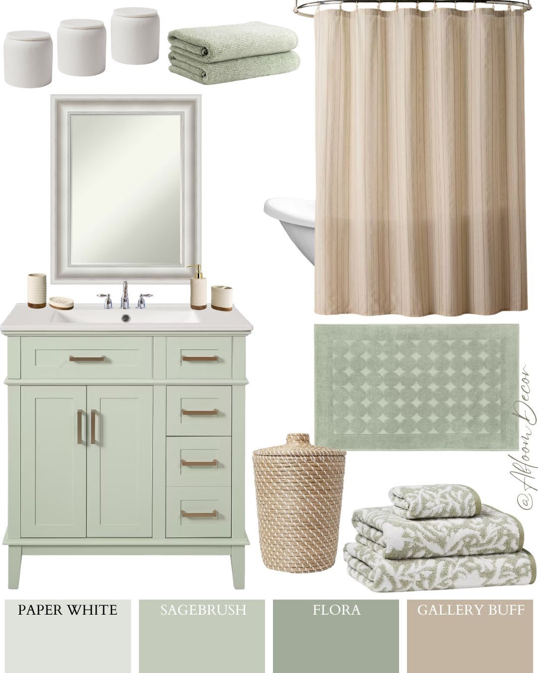 This bathroom pairs a soft sage vanity with warm tan accents and leafy patterned towels for a cozy, nature-inspired look.

#LTKHome