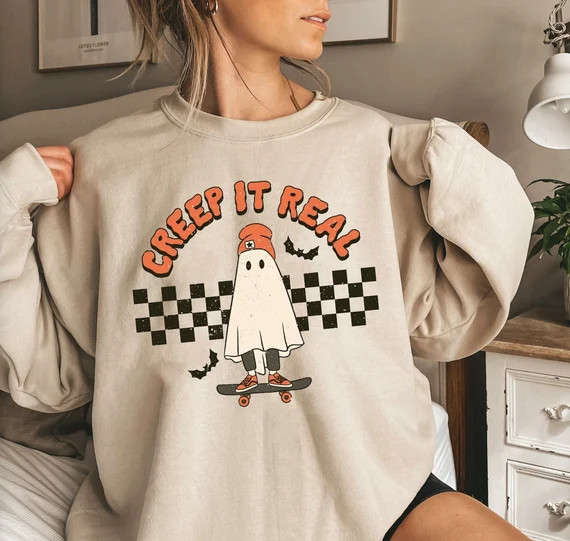 Creep It Real Halloween Sweatshirt, funny womens halloween ghost t-shirt, halloween crewneck, wom... | Etsy (US)