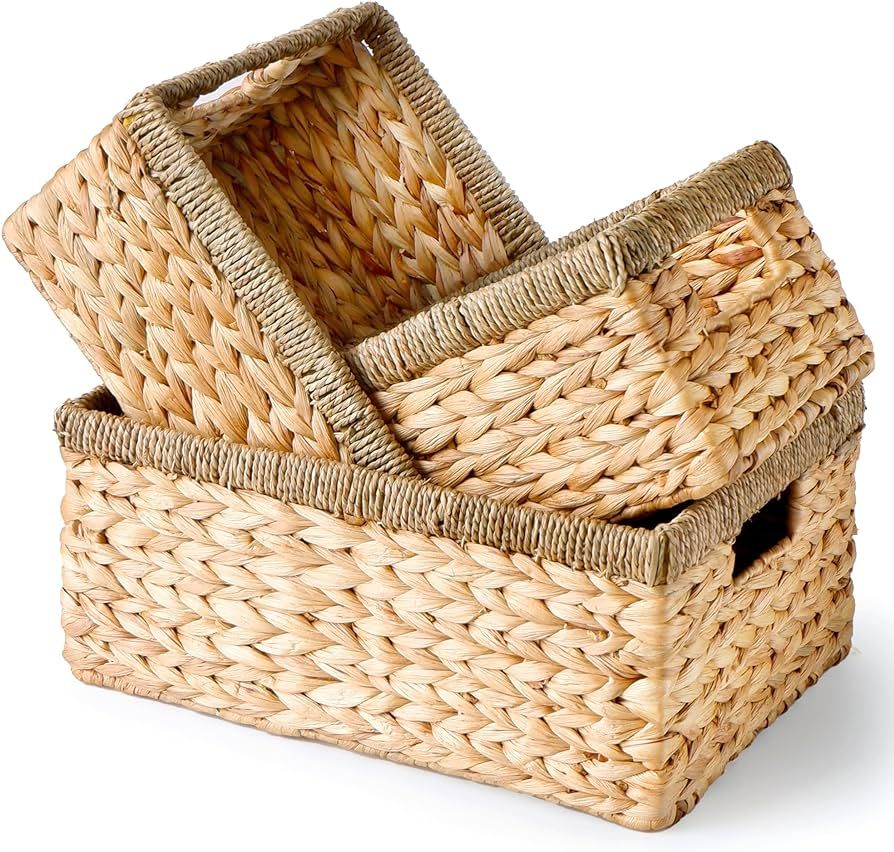 Wicker Baskets w/Seagrass Handles, 13 Inch Set of 3 Baskets for Pantry Organization, Wicker Shelf... | Amazon (US)