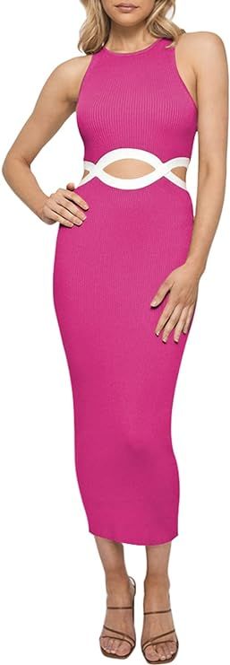 Pink Queen Women's Summer Dresses 2023 Sleeveless Tank Crew Neck Cross Cutout Bodycon Ribbed Knit... | Amazon (US)