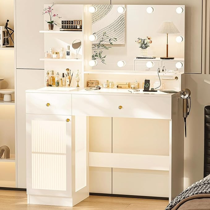 40" Vanity Desk with Large Mirror and Lights, Modern Glass Top Makeup Vanity Set with Power Outle... | Amazon (US)