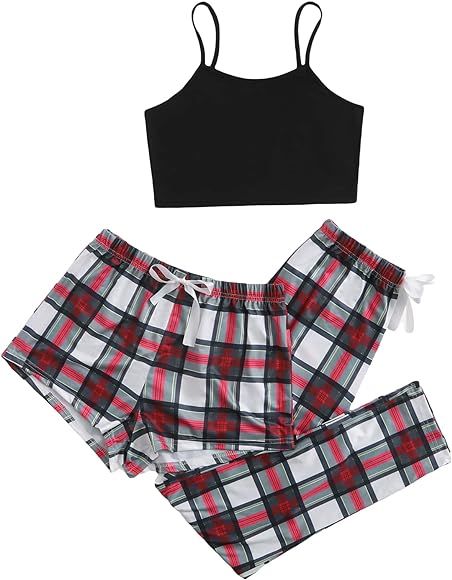 Milumia Women's 3 Pieces Pajamas Cami Top and Plaid Shorts & Pants Pj Sets Sleepwear | Amazon (US)
