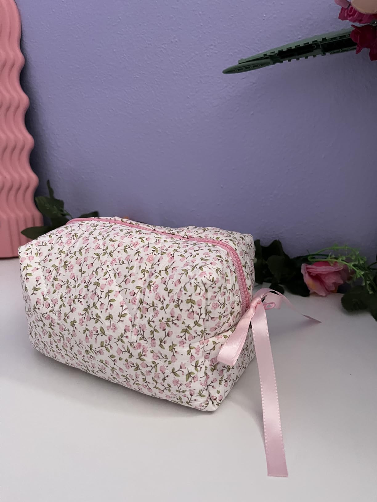 Cotton Quilted Makeup Bag, Cute Pouch Toiletry Bag Cosmetic Bag Quilted Floral Organizer Bag Trav... | Amazon (US)
