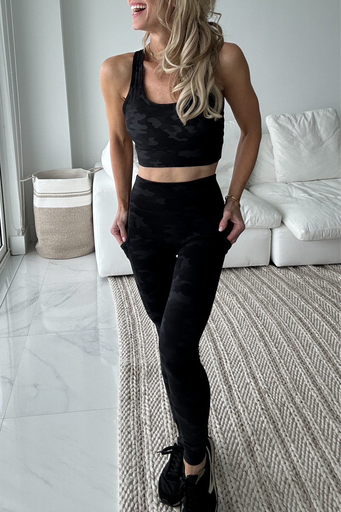 Camo sports bra in small and leggings in xs (I'm 5'2") 
- with pockets!

#LTKfitness #LTKover40 #LTKfindsunder50