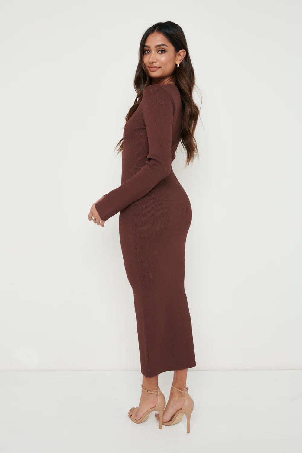Lara Long Sleeve Dress- Brown | Pretty Lavish (UK)