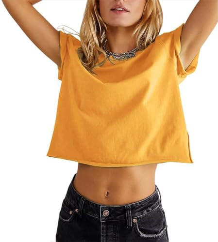 Aoang Women Cropped Tshirt Summer Casual Crew Neck Short Sleeve Crop Tops Loose Stretch Athletic Tees Yellow S | Amazon (US)