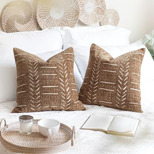 BlissBlush Brown Decorative Throw Pillow Covers 22X22, Set of 2, Boho Farmhouse Cushion Cover, Cozy Soft Accent Pillowcase for Couch Sofa Bed Living Room Home Décor | Amazon (US)