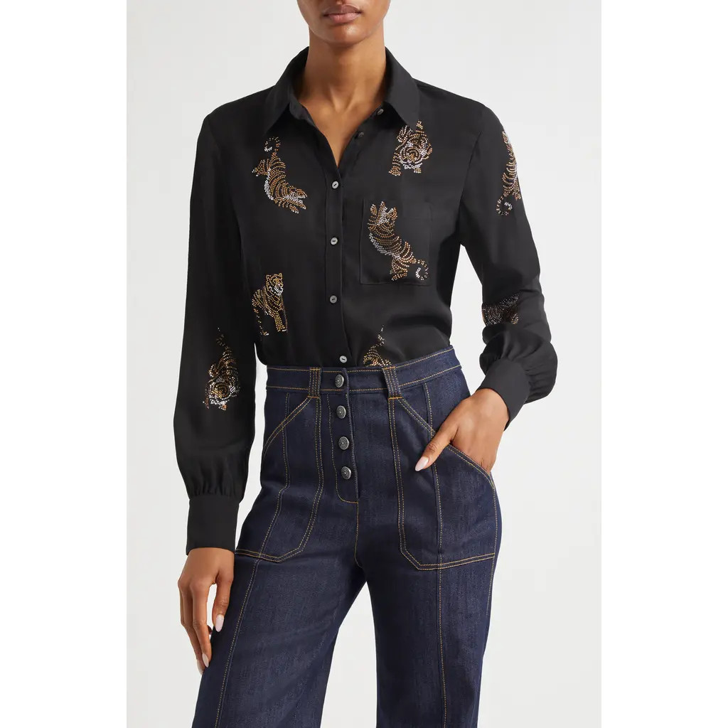 Cinq à Sept Blanche Beaded Tiger Detail Satin Button-Up Shirt in Black/Multi at Nordstrom, Size X-Small | Nordstrom