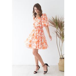 Divine Flower Vine Printed V-Neck Dress in Orange | Chicwish