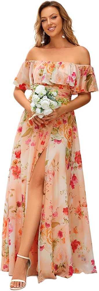 Ever-Pretty Women's Elegant Off The Shoulder Side Split High Waist Flowy Chiffon Maxi Bridesmaid ... | Amazon (US)