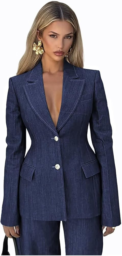 Denim Suits for Women 2 Piece V Neck Womens Suit Casual 2 Button Womens Tuxedo Suit Set for Busin... | Amazon (US)