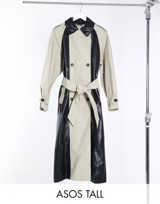 ASOS DESIGN Tall spliced vinyl trench coat in stone and black | ASOS (Global)