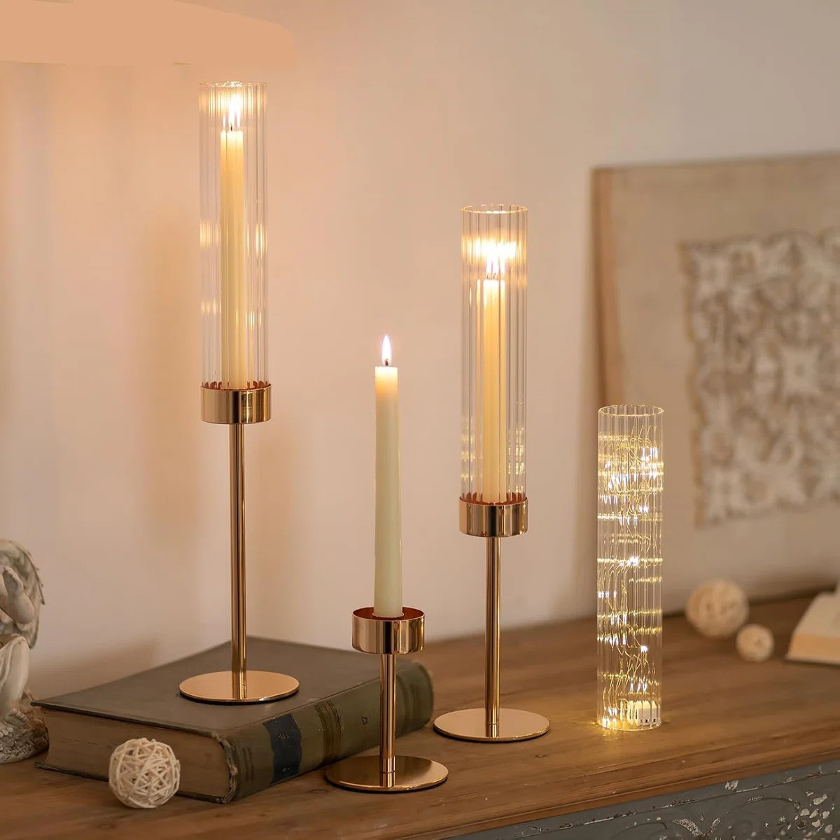 Tall Candlestick Holders For Centerpiece 3 Pcs Hurricane Candles Holder With Ribbed Glass Sleeve ... | Wayfair North America