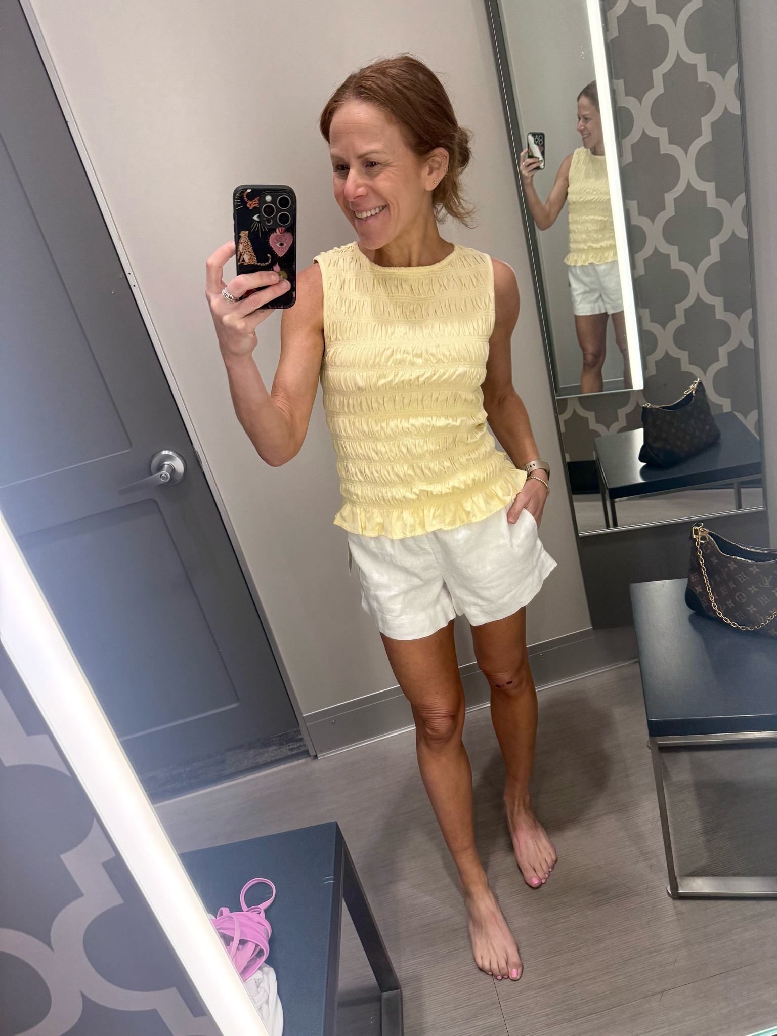 Already have this top in white and love this yellow so much! Linen shorts are also so good. In XS  