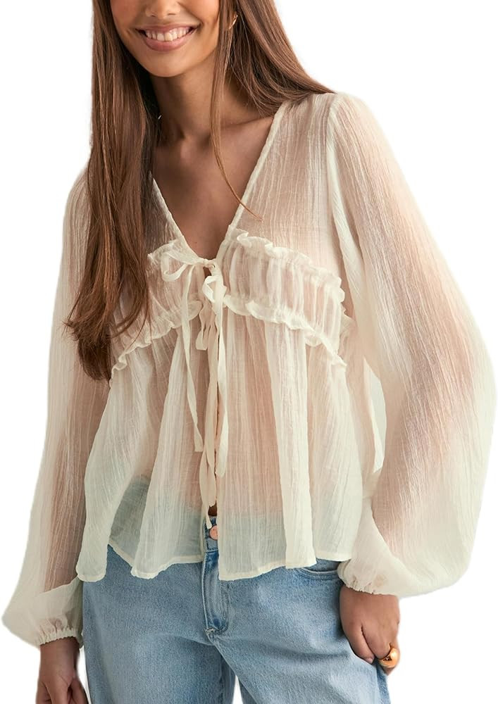 Women Ruffled Trim Sheer Mesh Shirt Fairy Tie Front Long Sleeve Flowy Pepulm Blouse Boho Loose Ch... | Amazon (US)