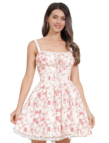 ABEWIP Corset Dresses for Women Spaghetti Straps Short Mini Floral Lace Bustier Dress Summer Boho Sundress White+Red Flower S | Amazon (US)
