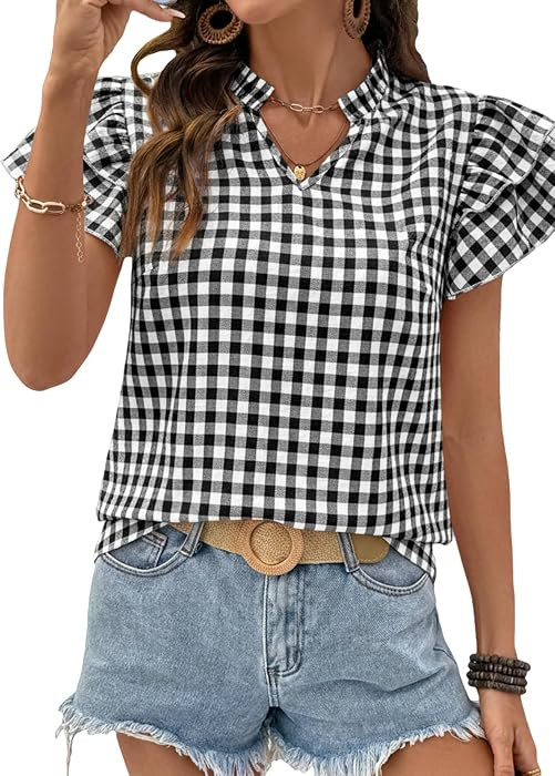 SHEWIN Womens Tops V Neck Ruffle Sleeve Peplum Tops Gingham Shirts Blouses Cute Summer Tops for W... | Amazon (US)