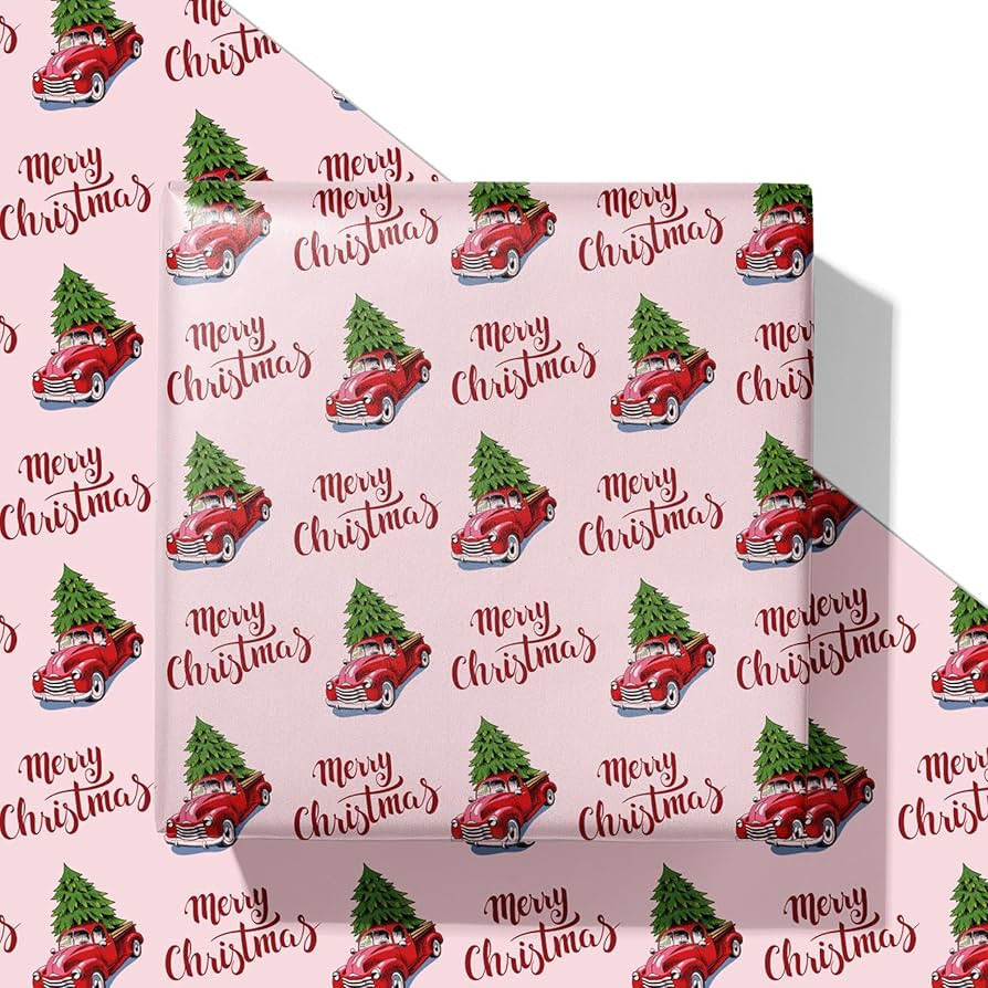 SaringSwoon Pink Christmas Truck Wrapping Paper - Vintage Xmas Gift Wrap with Red Truck, Tree and... | Amazon (US)