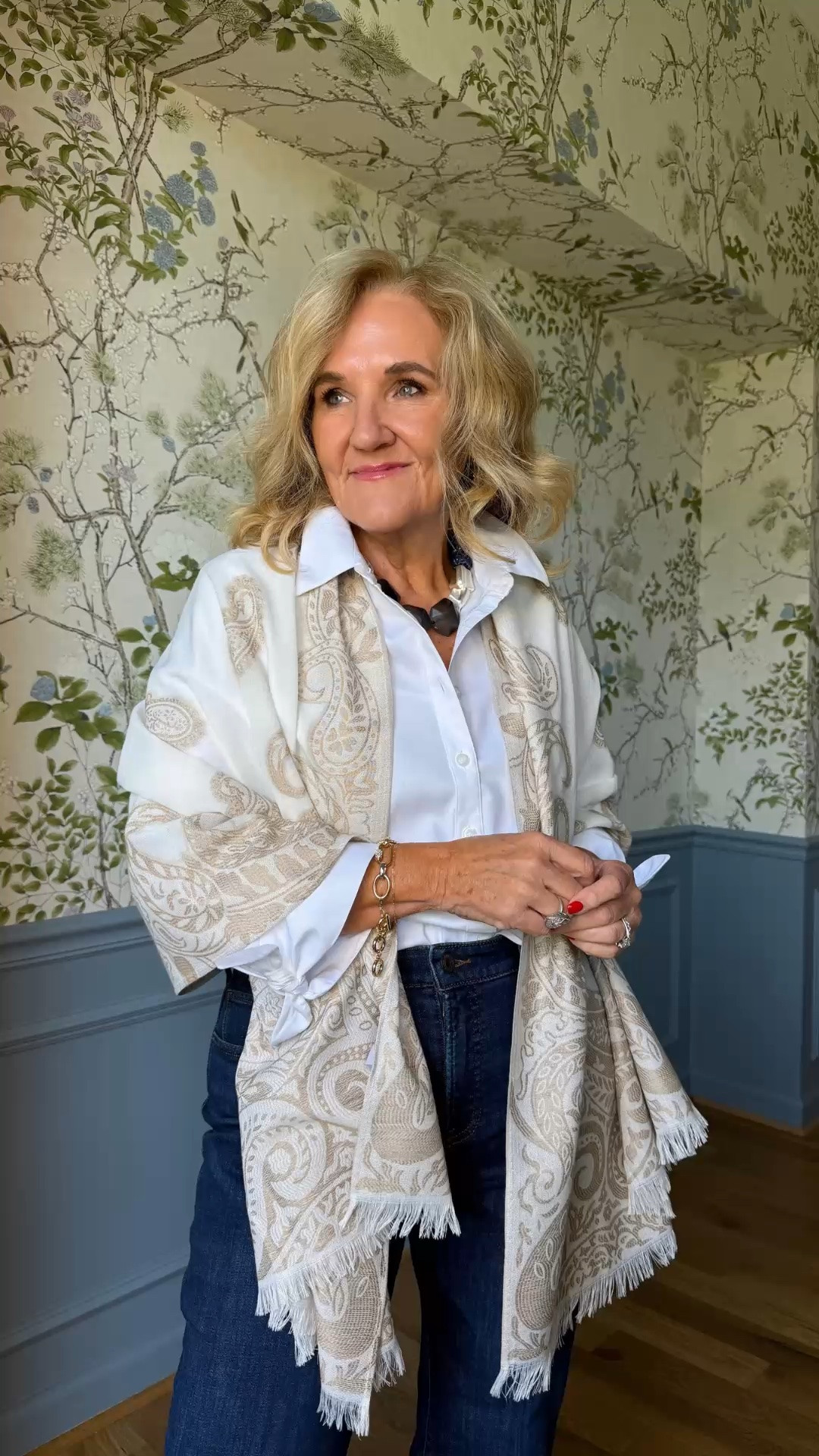 This paisley scarf is such a pretty way to add color and texture to a classic white button-down. I love the soft neutral print with dark denim for an easy, polished look.

💡 LTK MADE EASY
❤️ Heart = Support my posts!
🔖 Save = Get sale & restock alerts
📋 Lists = Keep favorites organized
📲 Share = Send lists and products to a friend. Hello, Christmas List!
💬 Comment = Ask me anything about what I'm wearing.:-)

#LTKootd #LTKWorkwear #LTKOver40