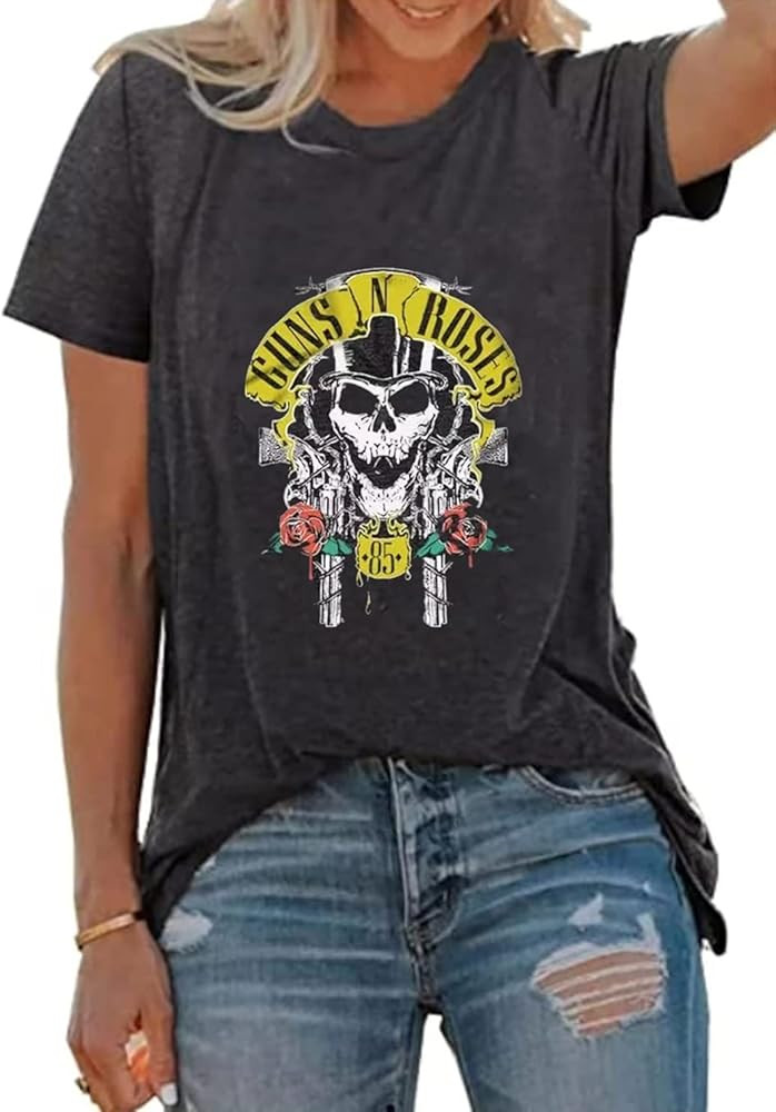 Guns N' Roses T Shirt Women Vintage Skeleton Graphic Rock Music Shirt Casual Country Music Short ... | Amazon (US)