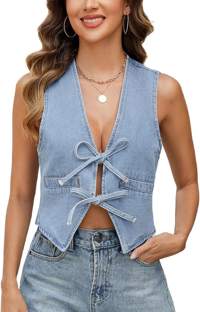 Ladyful Women's Denim Vest Top V Neck Bow Tie Front Jean Vest Sleeveless Lightweight Summer Sexy ... | Amazon (US)