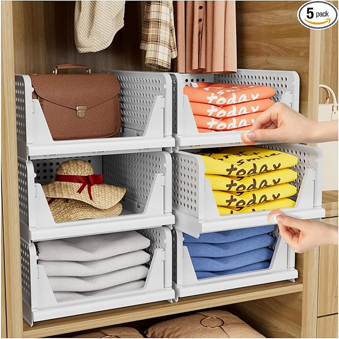 5 Pack Folding Closet Organizers Storage Box, Stackable Storage Bins, Plastic Drawer Basket Close... | Amazon (US)