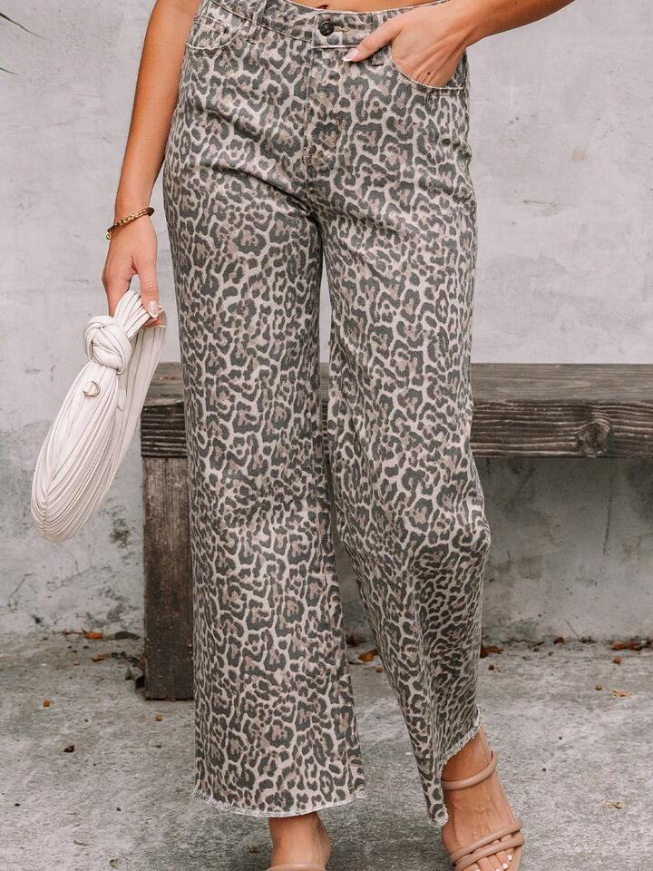 Brown Leopard Print Frayed High Rise Wide Leg Jeans | SHEIN
