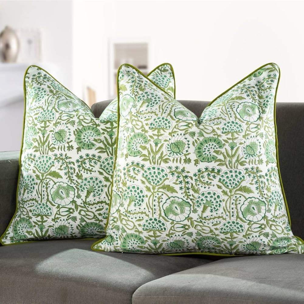 CPC 100% Cotton Throw Pillow Covers 20x20 Inch, Set of 2 Green Block Print Pattern Couch Pillow, ... | Amazon (US)